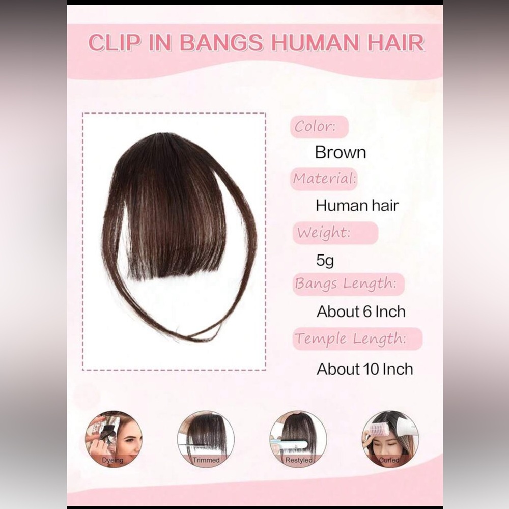 New Clip In Bangs 100% Human Hair Bangs Wispy Natural Brown Clip-In Bangs - Picture 5 of 9